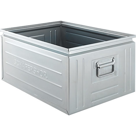 Silver metal box with handle and the inscription SCHÄFERSHOP.