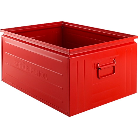 Red metal box, handle on the side, lettering "SCHÄFERSHOP."
