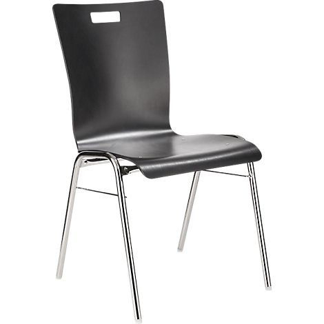 Black chair with chrome legs. Backrest with handle hole. The design is simple and modern.