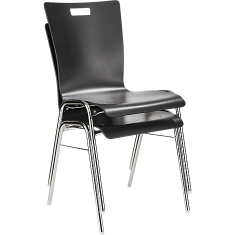 Two black chairs stacked on top of each other. The chairs have chrome legs and a rectangular cutout in the backrest.