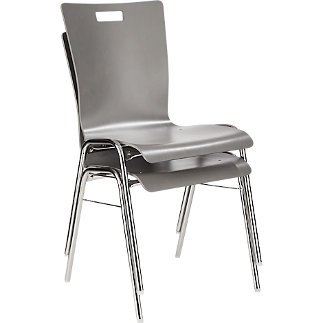 Gray, stackable chairs. The metal legs are chrome-plated. A handle hole in the back. Two chairs are visible.