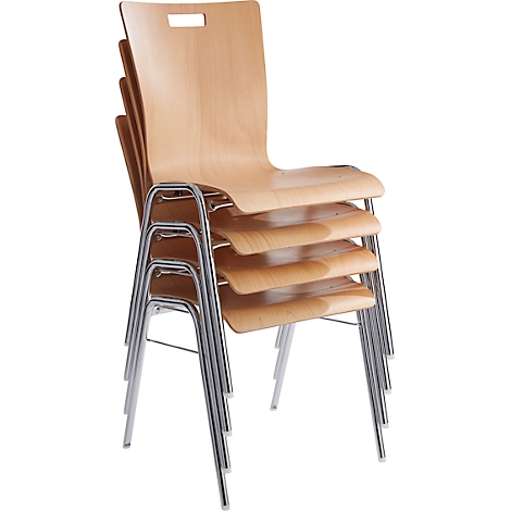 Stacked chairs made of light wood with metal frame. The top chair has a recess in the upper area.