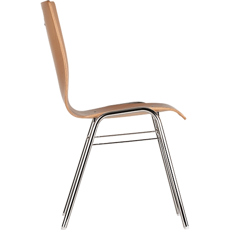 Wooden and metal chair, side view. The seat is made of light wood, the legs of chrome.