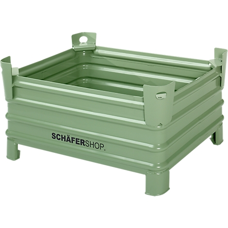 Hellgrüne, geriffelte Metallbox mit Füßen und dem Schriftzug SCHÄFERSHOP.