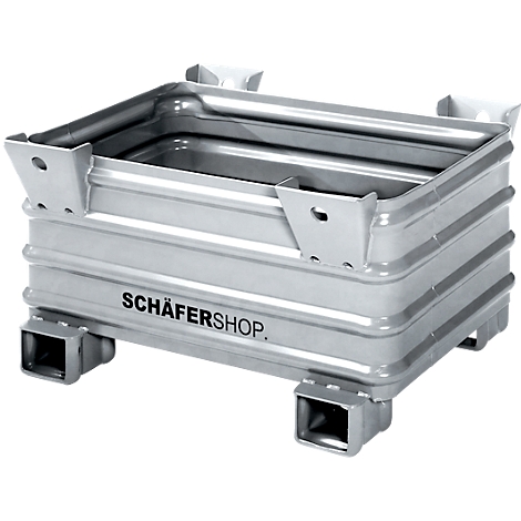 Metallbehälter. Die Wände sind geriffelt. Aufschrift: SCHÄFERSHOP.