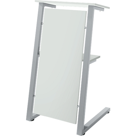 Modern white standing table with silver frame. Rectangular white plate, shelf below, sloping.