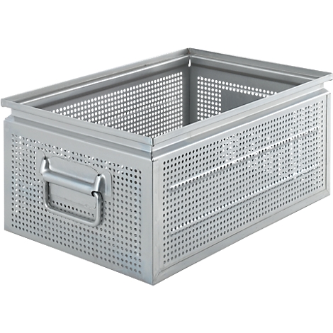 Graue, perforierte Metallbox mit Griff. Sichtbare Perforation durch Löcher. Rechteckige Form.