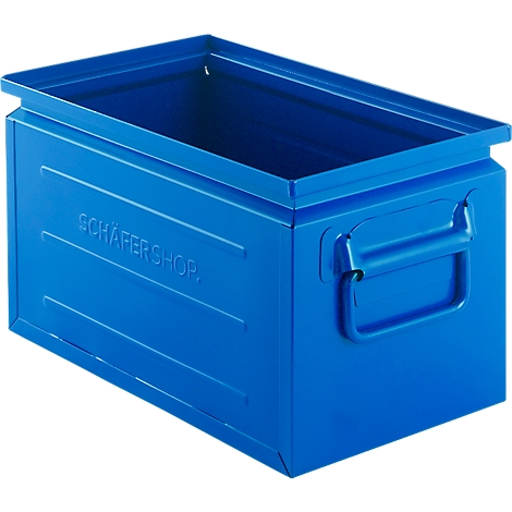 Ein blauer Metall-Sichtlagerkasten mit dem Schriftzug SCHÄFER SHOP an der Seite.