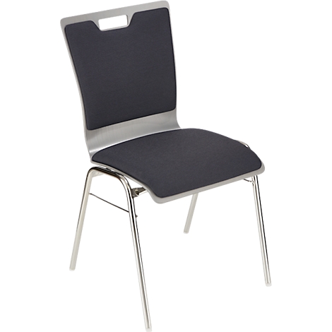 Ein eleganter Stuhl mit gepolsterter, dunkelgrauer Sitzfläche und Rückenlehne. Das Gestell ist silbern und schlank.