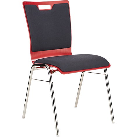 Ein Stuhl mit rotem Rahmen, einem schwarzen Sitz und Rückenlehne. Die Beine sind silberfarben.