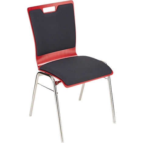 Roter Stuhl mit schwarzem Sitz und Rückenlehne, verchromte Beine. Im oberen Bereich der Lehne eine Aussparung.