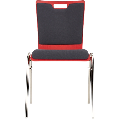 Roter Stuhl mit schwarzer Rückenlehne und Sitzfläche. Die Beine sind aus Chrom.