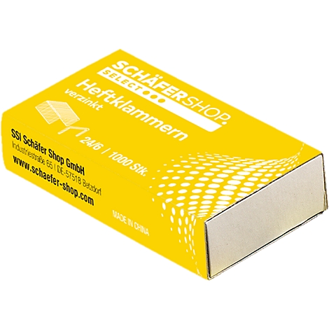 Yellow staple box, labeled with 'SCHÄFERSHOP', 'staples', '24/6 / 1000 pcs.'
