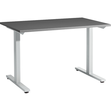 A grey desk with white legs against a white background. The tabletop is rectangular, the legs are T-shaped.
