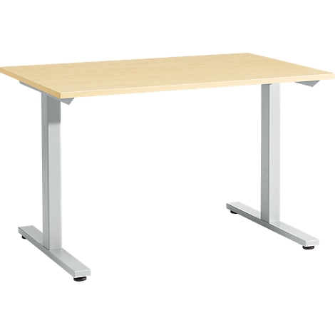 A bright desk with gray legs. Table top light, legs and feet gray.