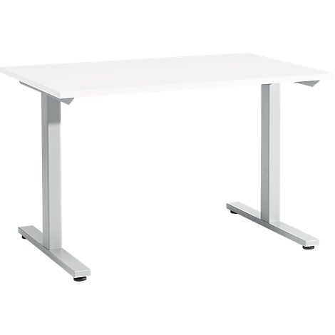 A white height-adjustable desk against a white background.
