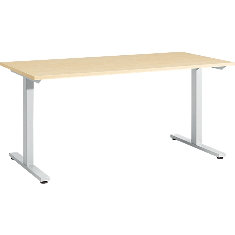 A light brown desk with light gray legs against a white background.