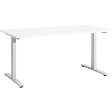A white height-adjustable desk on gray-silver legs against a white background.