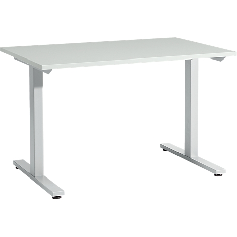 A white rectangular desk with metal legs. The legs are T-shaped and the desk is against a white background.
