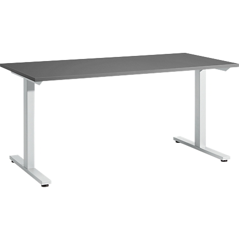 A gray rectangular desk with a white, height-adjustable frame. The tabletop is flat, the legs stand stable.