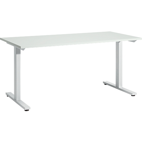 A white, rectangular desk. The legs of the table are also white and constructed in a T-shape.