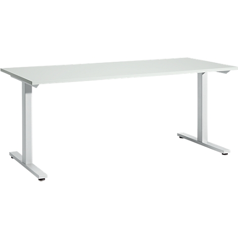 White desk with square legs. The tabletop is rectangular and stands on two T-shaped legs.