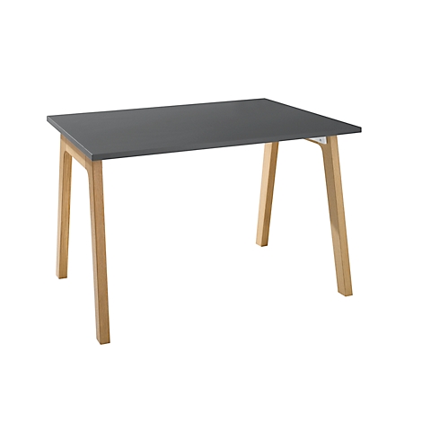 Dark gray table with light wooden legs on white background. The tabletop is rectangular, the legs are slightly angled.