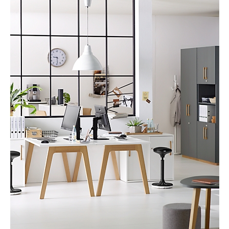 Modern office with desk, monitors, plants and cabinets. Bright rooms, elegant design.