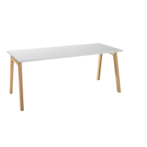 White table with light brown wooden legs. The table top is rectangular, the legs are angled.