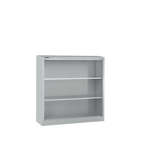 Grey bookcase with three shelves, against a white background.