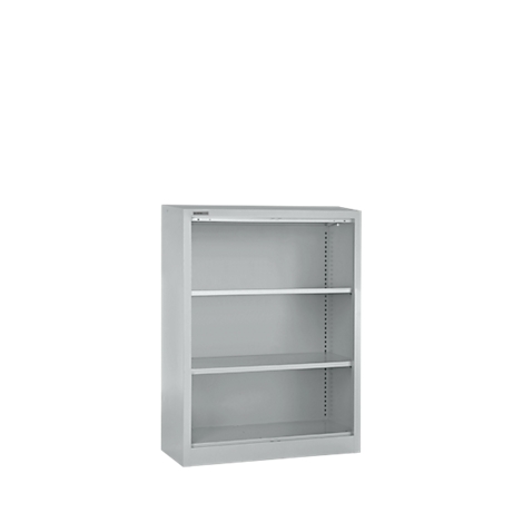 Gray bookshelf with three levels, in front of a white background. Without decoration.