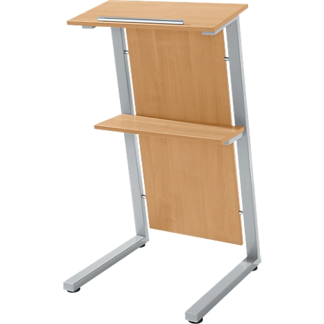 Stehpult mit hellem Holz und silberfarbenem Rahmen. Oben eine Ablage, darunter eine kleinere, sowie eine senkrechte Fläche.