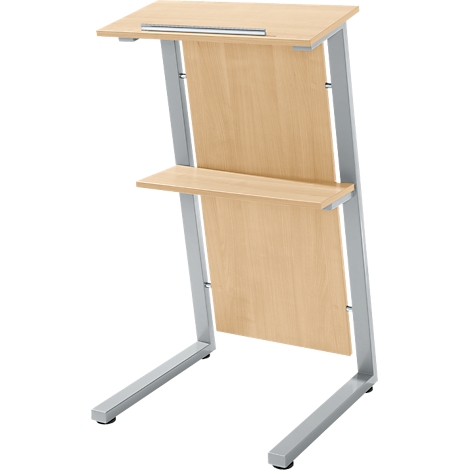 Stehpult aus Holz mit Metallgestell. Das Pult hat eine obere und untere Ablagefläche.