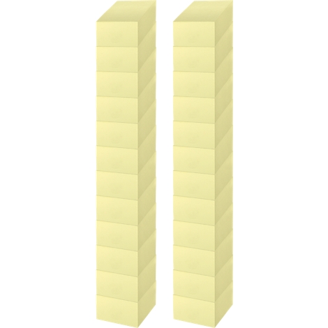 Two yellow, cuboid sticky note pads next to each other, ready for writing.