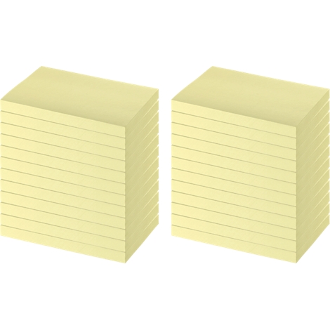 Two stacks of yellow sticky notes side by side. The sheets are neatly aligned.