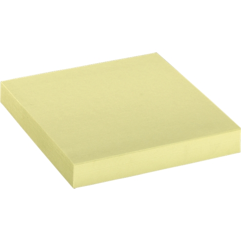 A yellow, square sticky note pad on a white background.