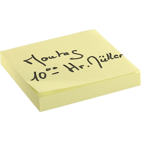Yellow sticky note with black writing: Mondays, 10:00 a.m., Mr. Müller.
