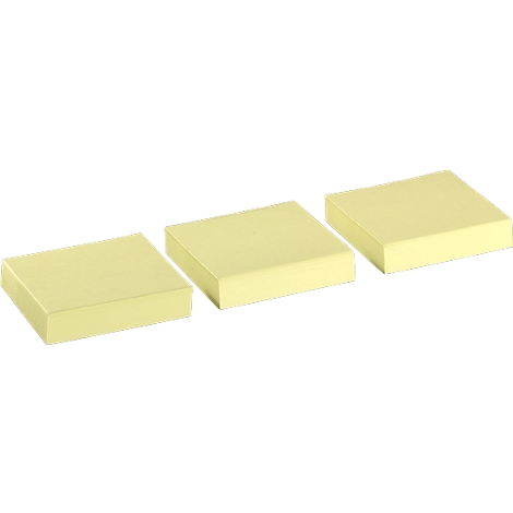 Three yellow, square sticky notes in a row, slightly elevated.