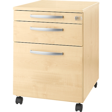 Beige filing cabinet with three drawers and silver handles on wheels.