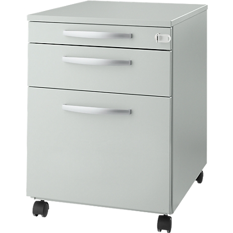 Grey rolling file cabinet with three drawers and silver handles. The cabinet stands on small black wheels.