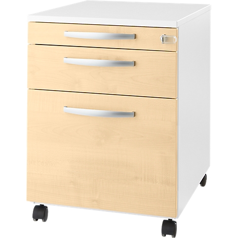 Mobile filing cabinet with three drawers, light wood veneer, silver handles and wheels.
