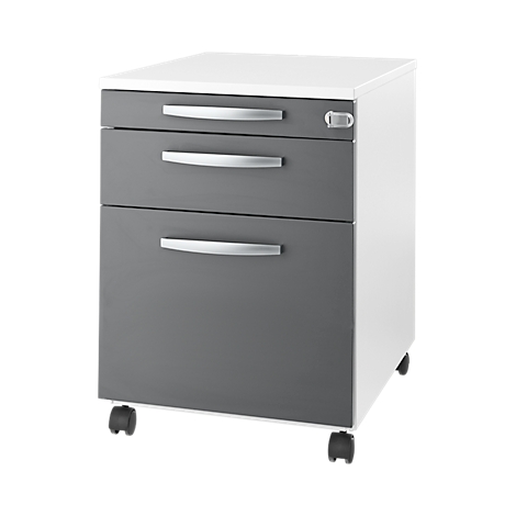 Gray and white rolling cabinet with three drawers and silver handles. Standing on castors.