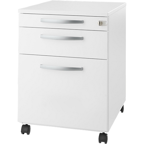 White three-drawer filing cabinet on wheels with silver handles. Cabinet has a lock.