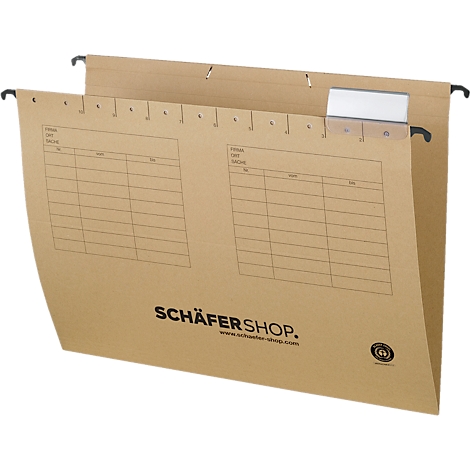 Brown cardboard hanging file with black hanger, label field and logo.