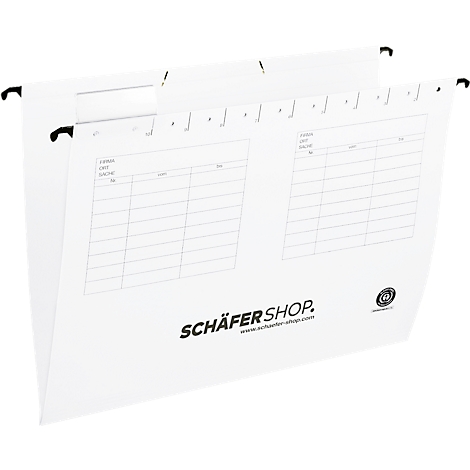White paper hanging file with black hooks. Printed tables and Schäfer Shop logo.