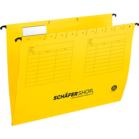Yellow hanging file folders with black hangers. Printed "Schäfer Shop".