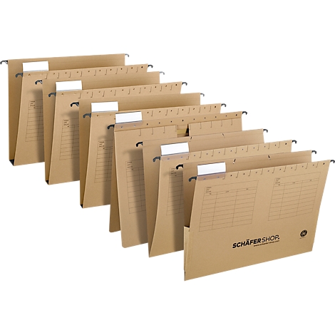 A row of brown hanging files with white labels and black hanging devices. 'SCHÄFER SHOP' is written on the bottom file.