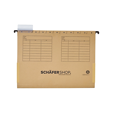 Brown cardboard hanging file, with labeling fields and logo.