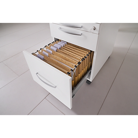 White filing cabinet with open drawer and brown folders. The cabinet is on grey tiles.