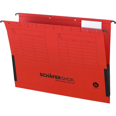 Red hanging file folder with black bracket. Printed grid, logo and label.